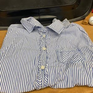 American Eagle Womens L Shirt Blue White Stripe Button Up Ruffle Front Boho Top